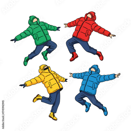 A collection of four illustrated people jumping in colorful red green yellow and blue winter puffer jackets.