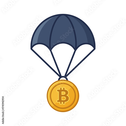 An illustration depicting a golden Bitcoin coin attached to a dark blue parachute, symbolizing a cryptocurrency airdrop or digital asset distribution.