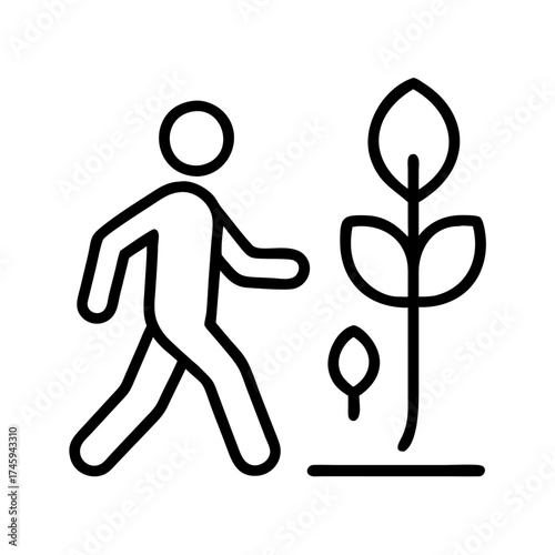 Vector art of person walking near a plant, representing nature, environment, and sustainability simple and clean line art style