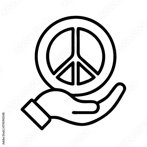 Vector art of hand holding a peace symbol in a line art style, representing harmony, nonviolence, and global unity