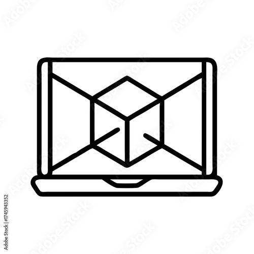 Vector art of laptop with 3d cube, showcasing a threedimensional object on a computer screen, representing technology and design