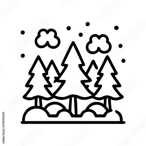 Vector art of winter forest with snowcovered ground and clouds minimalist vector illustration of a snowy landscape scene