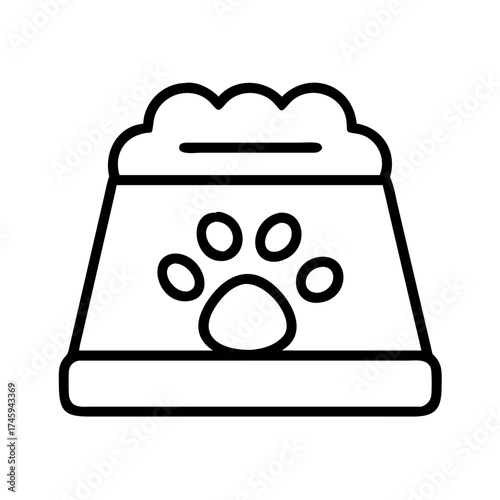 Vector art of outline icon of a pet food dispenser with a paw print automatic feeder for dogs and cats, providing portion control