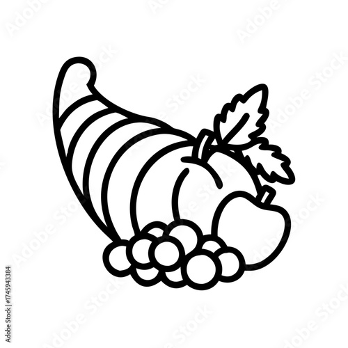 Vector art of cornucopia with fruits and vegetables in a simple line art style, perfect for thanksgiving designs and decorations