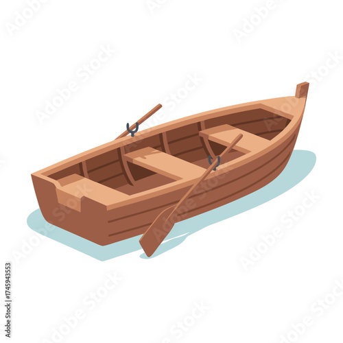 A brown wooden rowboat with two oars is shown, ready for use on the water.