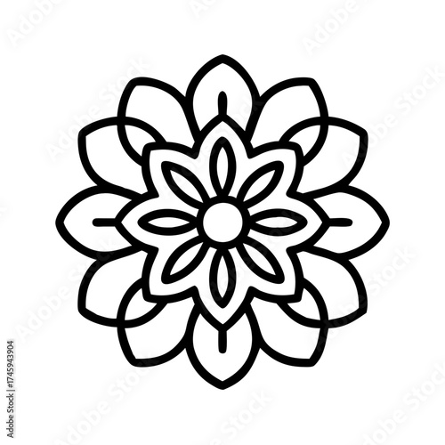 Vector art of symmetrical floral mandala, showcasing a balanced composition of stylized petals and circular forms, radiating a sense of calm