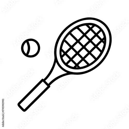 Vector art of tennis racket and ball outline, a classic sports equipment design for tennis enthusiasts, perfect for logos and graphics