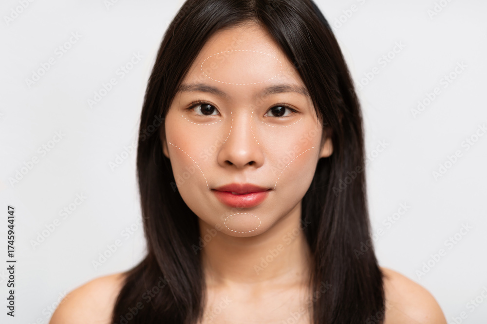 Fototapeta premium A collection of close-up portraits highlights a woman's facial features, showcasing her smooth skin, natural makeup, and healthy hair. The collage captures beauty and simplicity.