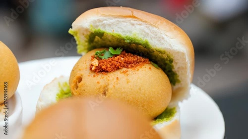 Close up of vada pav, a popular indian street food dish, featuring a spiced potato fritter in a bun