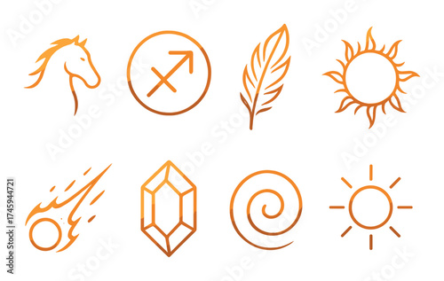 Glowing abstract symbols including horse feather sun and crystal