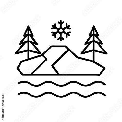 Vector art of winter landscape with snowy mountains, pine trees, and a frozen lake, creating a serene and cold scene