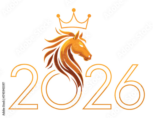 Golden horse emblem with crown and year 2026 on black background