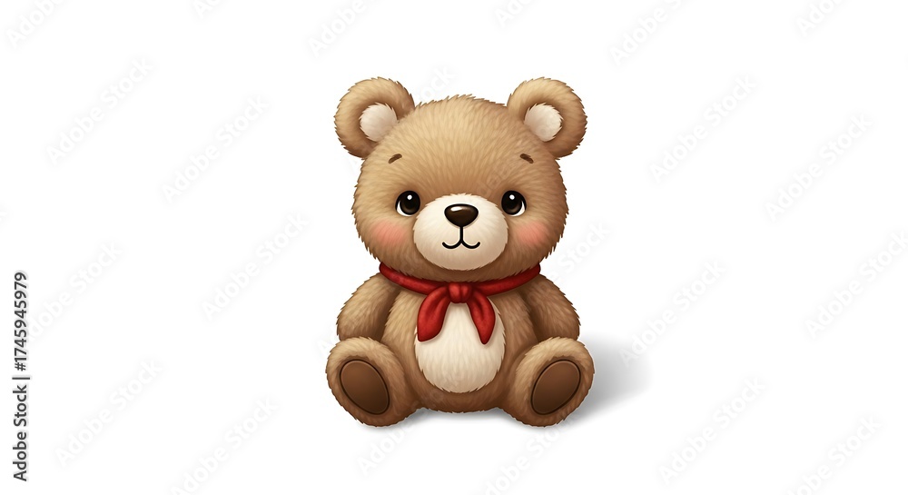 Obraz premium Cute Cartoon Teddy Bear with Red Bow Sitting on White Background.