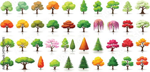 Collection of diverse trees in various shapes, colors, and species, showcasing the beauty of nature's botanical diversity