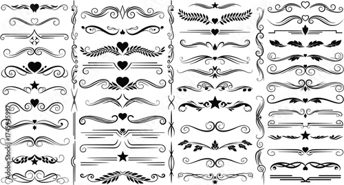 Extensive Collection of Elegant Black Vector Decorative Dividers, Ornate Flourishes, and Swirls – Ideal for Enhancing Invitations, Certificates, and Graphic Design Projects