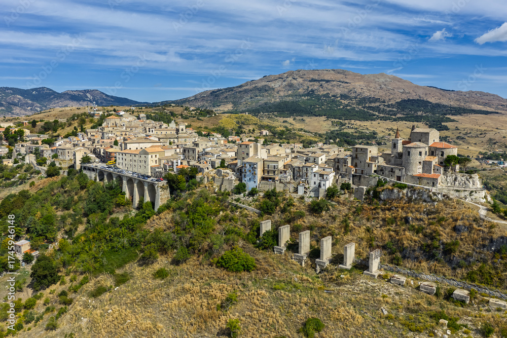 Obraz premium Aerial drone view of Petralia Soprana, a historic Sicilian mountain town with panoramic views of the Madonie Mountains,Petralia Soprana famous Church of Saint Mary of Loreto, Sicily, Italy