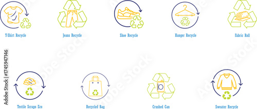 Collection of sustainable textile and clothing recycling and upcycling concept icons
