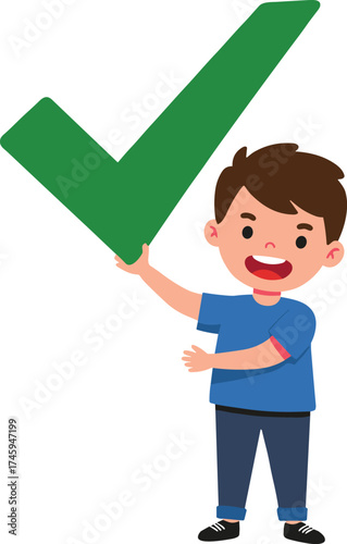 Cartoon child with check mark, boy holding green correct sign, smiling approval symbol, educational success, childhood learning, positive affirmation illustration