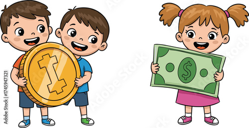 Cartoon children with money, boys holding cryptocurrency coin, girl with paper bill, finance education, playful economy, childhood savings illustration
