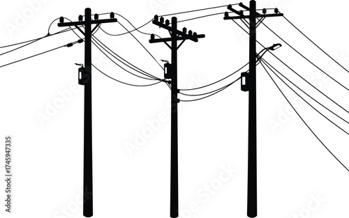 Cartoon utility poles with power lines, electrical distribution system, urban infrastructure, silhouette illustration, energy network, overhead wires, engineering design