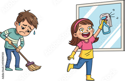 Children cleaning house, teamwork responsibility, boy sweeping floor, girl washing window, happy kids doing chores, family help, household cleaning, teamwork learning