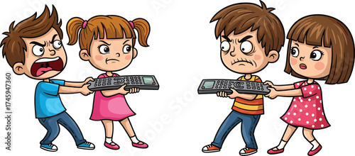 Children fighting over TV remote, cartoon kids argument, boy and girl tug-of-war, sibling rivalry, family conflict, television control struggle