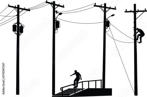 ilhouette utility poles with transformers, power lines, worker climbing pole, skateboarder performing trick, urban infrastructure, street culture, electricity grid illustration