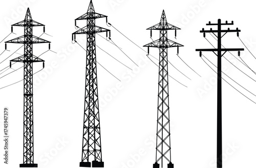 Silhouette electrical transmission towers, lattice steel structures, wooden utility pole, power distribution system, urban infrastructure, energy grid, overhead lines illustration