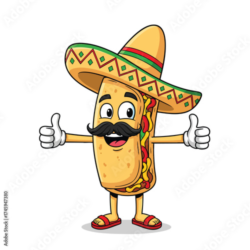 A happy cartoon taco character with a mustache and sombrero giving two thumbs up.