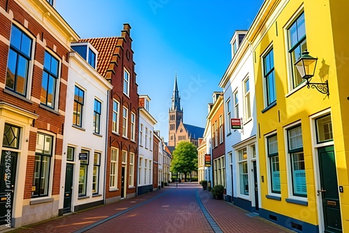 Charming street view in Amersfoort Netherlands showcases colorful houses leading to the majestic St Joriskerk church under a beautiful clear blue summer sky.