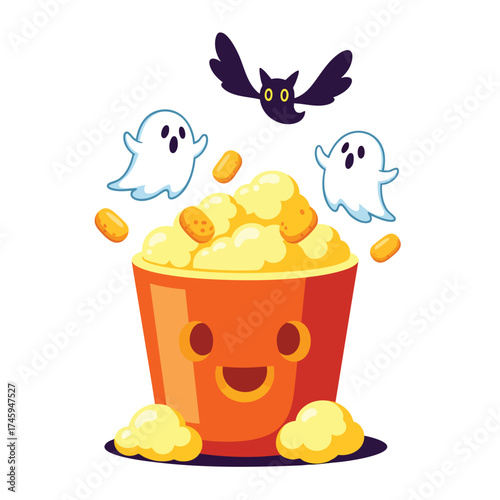 Adorable Halloween popcorn bucket character with spooky ghosts and a bat flying overhead.
