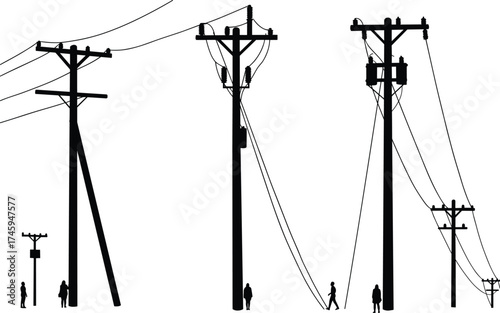 Silhouette utility poles with transformers, electrical wires, power distribution system, urban infrastructure, energy grid, overhead lines, engineering, electricity illustration
