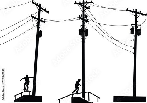 Silhouette utility poles with transformers, power lines, skateboarders performing tricks, urban infrastructure, street sports culture, electricity grid, black and white illustration