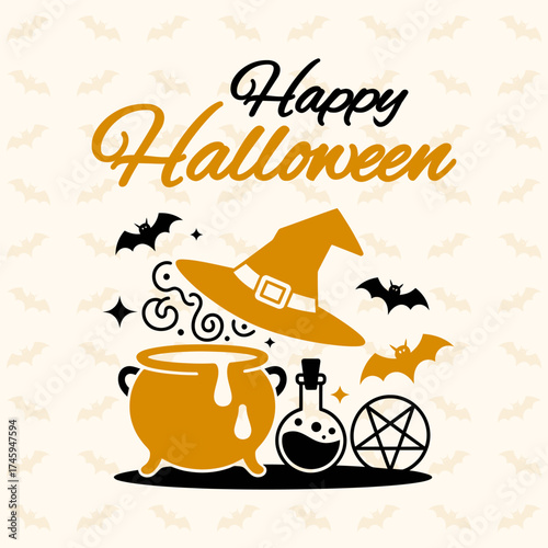 Happy halloween vector design featuring a witch's hat cauldron potion bottle bats and pentagram against a batpatterned background