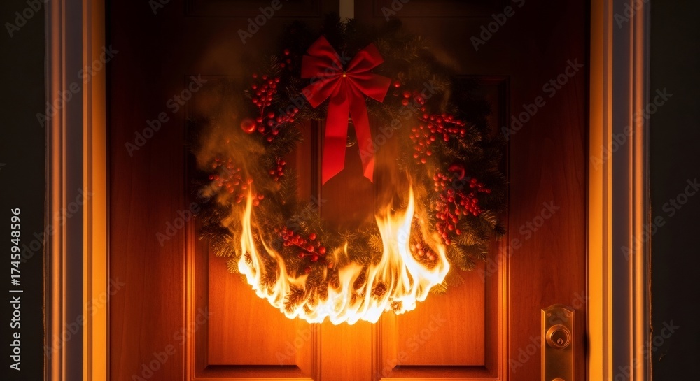 Fototapeta premium Holiday wreath on fire, illustrating fire hazard and safety awareness during Christmas and winter season. Home safety concept for holiday.