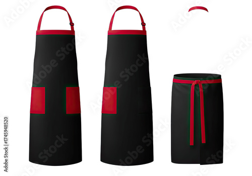 Set of black aprons with red trim on a black background offering kitchen and culinary preparation