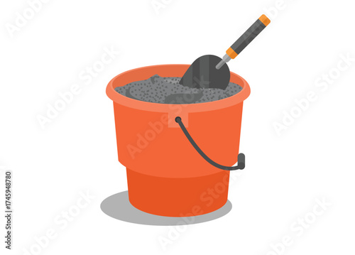 Cement dough in a bucket with spatula. Simple flat illustration.