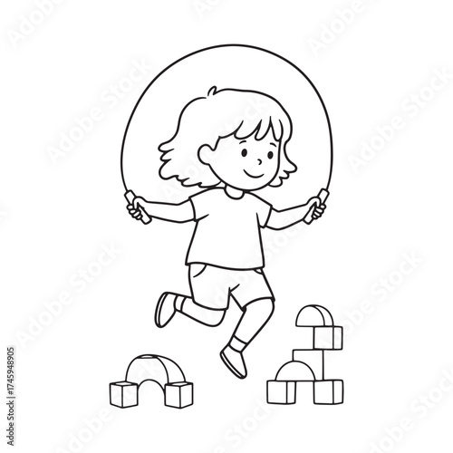 Child jumping rope with building blocks girl skipping rope