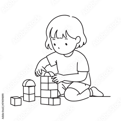 Child building with blocks on white background playing