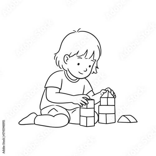 Child playing with building blocks on white background