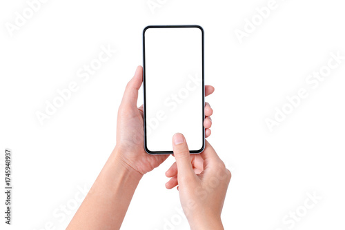 Close-up of hand showing blank smartphone screen on white background. Suitable for technology, marketing and product placement concepts.