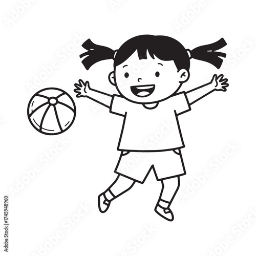 Excited Girl Jumping With Ball Line Art illustration
