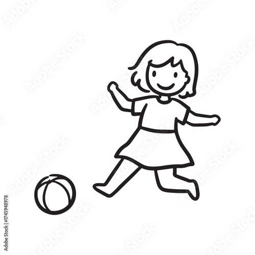 Girl kicking a ball line art child playing