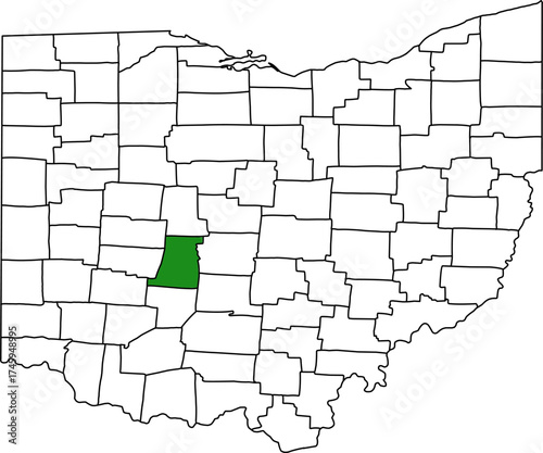 Detailed vector map of Ohio highlighting Madison County, a central territory located west of Columbus, characterized by flat plains and extensive agricultural land use.

