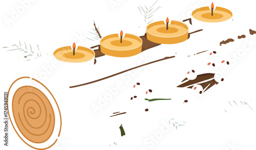 Burning candles in a log with pine branches and berries decoration