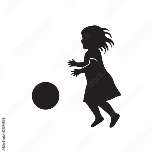 Silhouette of a girl reaching for a ball Keywords: girl, child, kid, silhouette, black and white