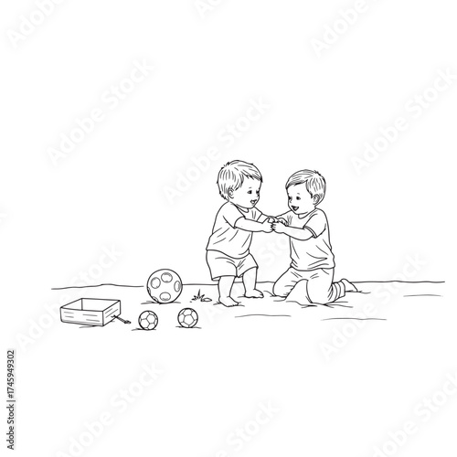 Two toddlers playing with balls and toy box on white background Keywords: toddlers, babies