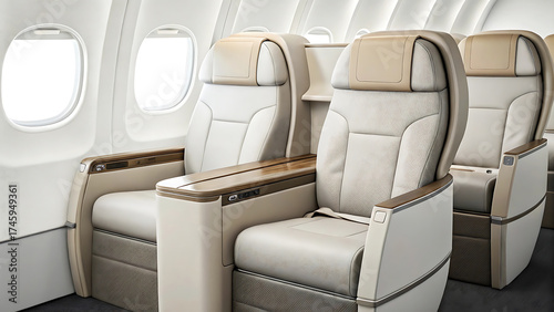 A view of the luxurious and comfortable empty seats in the business class section of a modern passenger aircraft