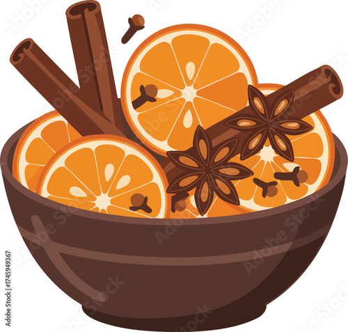 Bowl with orange slices, cinnamon sticks and spices illustration
