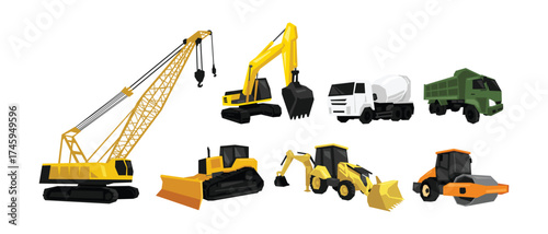 Vector set of construction vehicles, Flat geometric illustration.